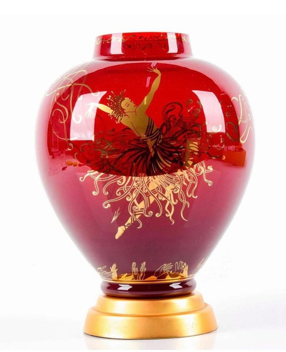 Original Vintage Franklin Mint Erte Ruby Glass Vase With 24k Gold