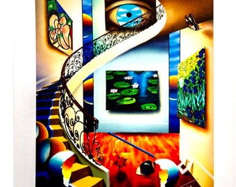 May include: A surrealist painting of a staircase with a large eye looking down. The painting is filled with vibrant colors, including blue, green, yellow, and red. There are also several paintings within the painting, including one of water lilies and another of irises. The text "Pointe Eye of a Master 30 x 36" is at the bottom of the painting.