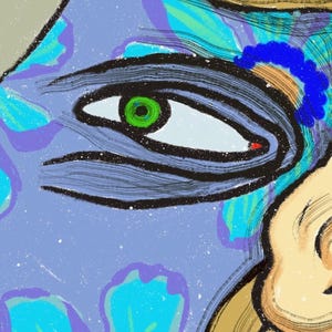 May include: A close-up of a colourful abstract painting with a blue, green and yellow colour scheme. The painting features a large eye with a green iris and a black pupil. The eye is surrounded by a blue and yellow floral pattern.