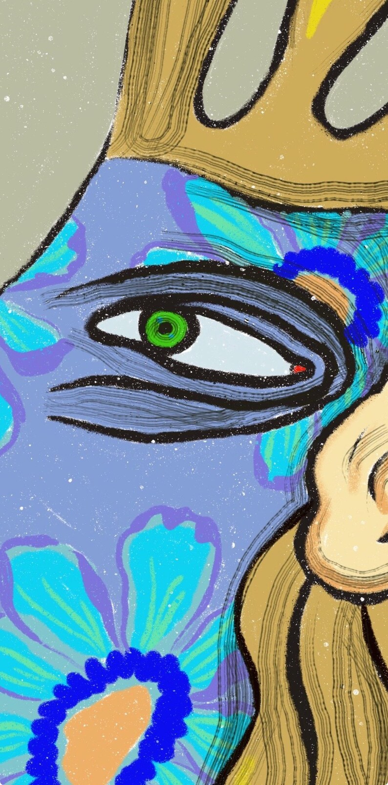 May include: A close-up of a colourful abstract painting with a blue, green and yellow colour scheme. The painting features a large eye with a green iris and a black pupil. The eye is surrounded by a blue and yellow floral pattern.