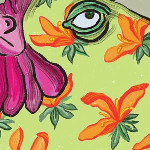 May include: A colourful illustration of a rooster's head with a pink comb and wattle, a green eye, and a background of orange flowers on a light green background.