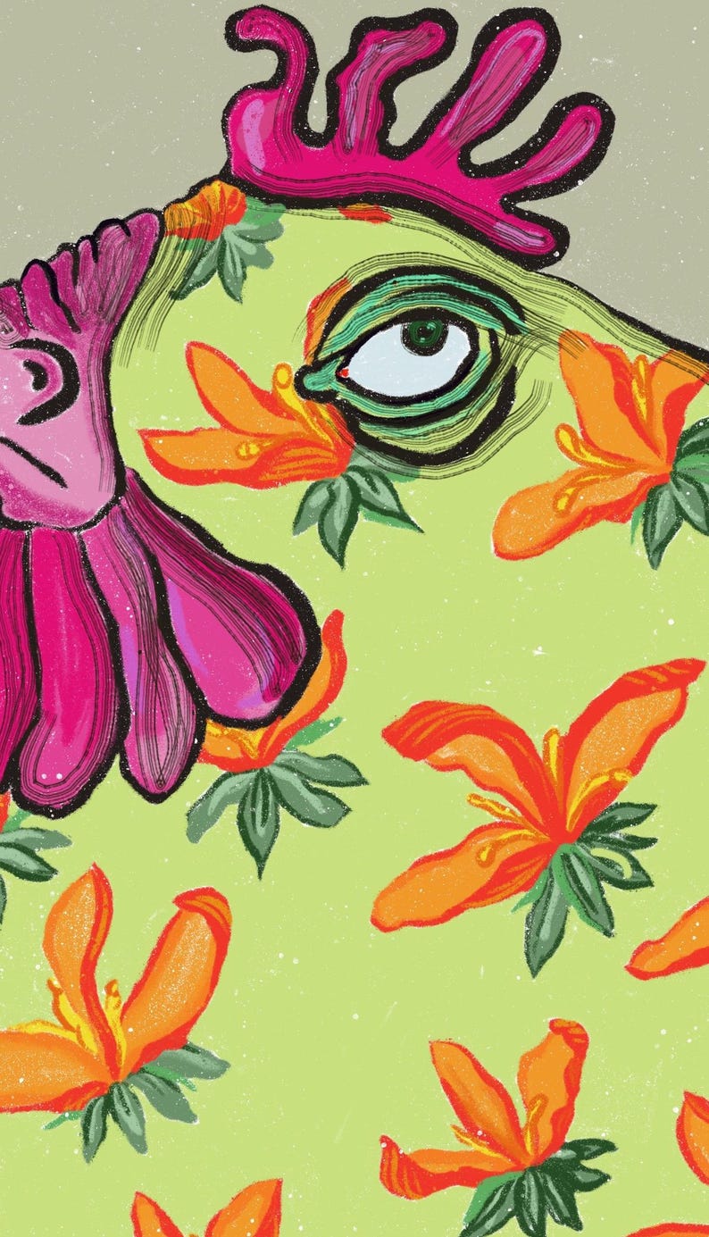 May include: A colourful illustration of a rooster's head with a pink comb and wattle, a green eye, and a background of orange flowers on a light green background.