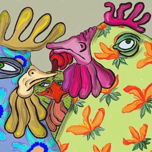 May include: A colourful illustration of three chickens with floral patterns. The chickens are drawn in a whimsical style with bright colours and exaggerated features. The background is a light grey.