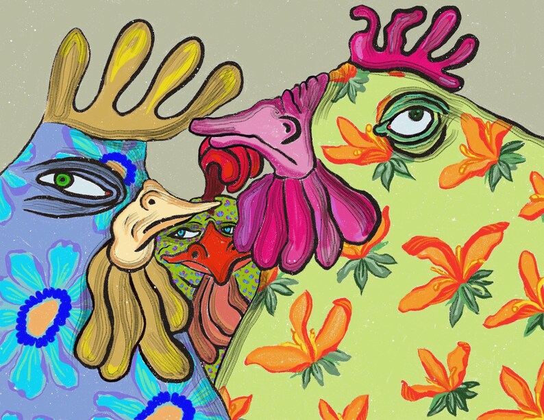 May include: A colourful illustration of three chickens with floral patterns. The chickens are drawn in a whimsical style with bright colours and exaggerated features. The background is a light grey.