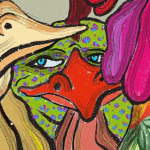 May include: Abstract digital artwork depicting a colourful, stylised creature with a red beak, green skin, and blue eyes. The creature is surrounded by swirling, layered shapes in shades of pink, orange, and yellow.