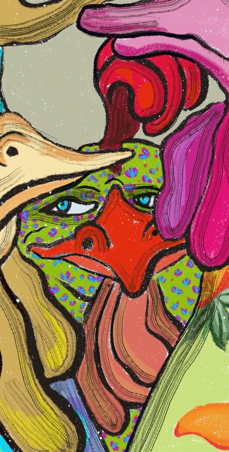 May include: Abstract digital artwork depicting a colourful, stylised creature with a red beak, green skin, and blue eyes. The creature is surrounded by swirling, layered shapes in shades of pink, orange, and yellow.