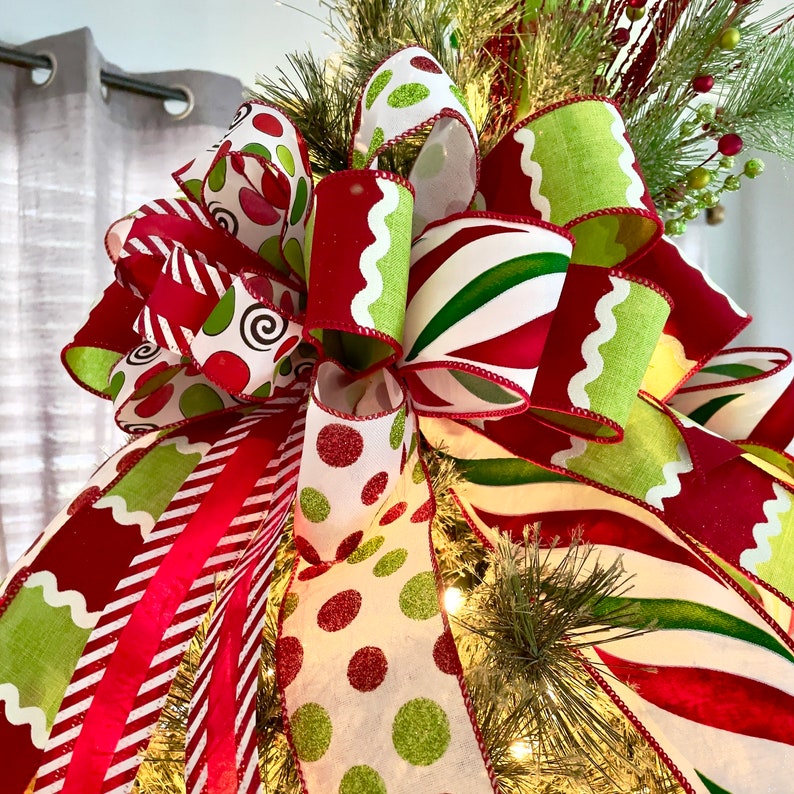Whimsical Grinch Christmas Tree Topper Bow With Streamers, Tree Bow