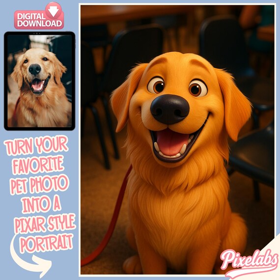 Custom Pixar Style Pet Portrait Personalized Cartoon Dog or Cat
