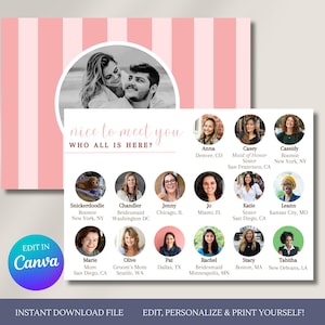 Peut inclure: Carte de rencontre de mariage imprimable avec un fond à rayures roses et blanches. La carte présente une photo d'un couple et une liste des participants avec leurs noms et lieux. Le texte "nice to meet you" est en haut.