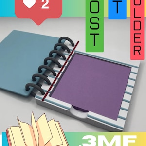 May include: A light blue plastic post-it holder with a spiral binding and a stack of purple sticky notes. The holder features a white base with light blue accents and a cutout for easy access to the notes. Text on the image reads POST IT HOLDER and 3MF FILE.