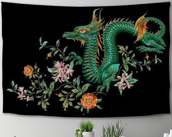 Green Dragon With Flowers Tapestry