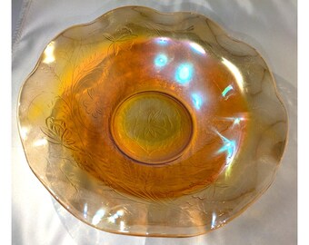 Jeanette Carnival Glass Bowl Vintage Iridescent Floragold Louisa Ruffled Rim 9.5