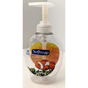 May include: Clear plastic Softsoap hand soap dispenser with a white pump. The label features a clownfish design with a yellow and orange background. The bottle contains 7.5 fl oz of soap.