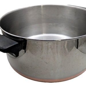 May include: A stainless steel cooking pot with a polished silver finish, featuring two black plastic side handles and a copper-colored base. The interior is smooth and metallic, showing a wide circular opening and a deep, rounded basin design.