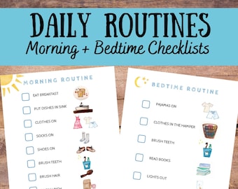 May include: A printable checklist for kids to use for their daily morning and bedtime routines. The checklist includes illustrations of common activities like eating breakfast, putting on clothes, brushing teeth, and reading books. The checklist is designed to help children develop good habits and routines.
