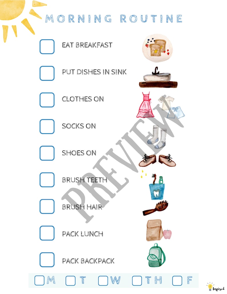 Morning Routine Checklist With Hand Painted Watercolor Images PDF Print ...