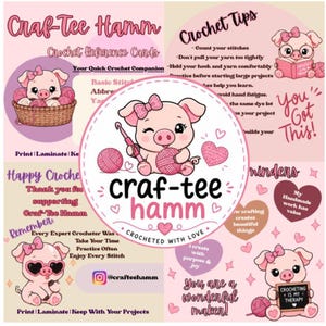 May include: A set of Craf-Tee Hamm crochet reference cards featuring pink pig illustrations, yarn balls, and instructional text. The cards include crochet tips, reminders, and motivational phrases like You Got This and Crocheting is My Therapy.