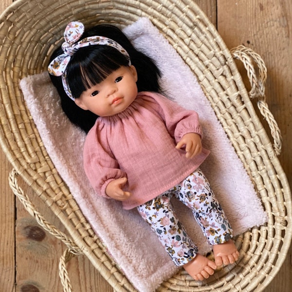 Ropa para muñeca Miniland de 38 cm: calzas de flores, túnica de muselina de manga larga rosa, diadema de flores
