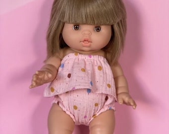 Vêtements de poupée Paola Reina, Minikane 34 cm mousseline tanner rose à pois
