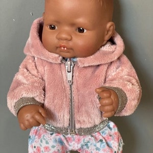 Clothes for a 32 cm Miniland doll, plush jacket with hood, dirty pink