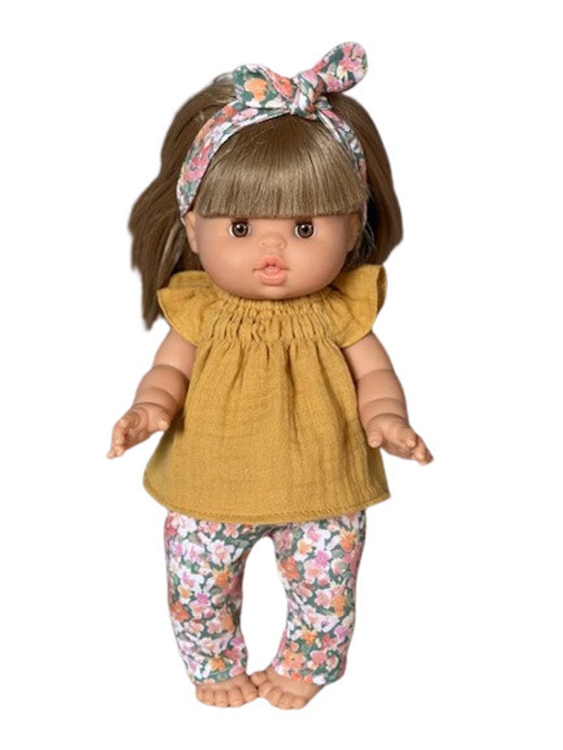 Vêtements de poupée Minikane, Paola Reina 34 cm leggings fleuris, tunique ocre, bandeau image 2