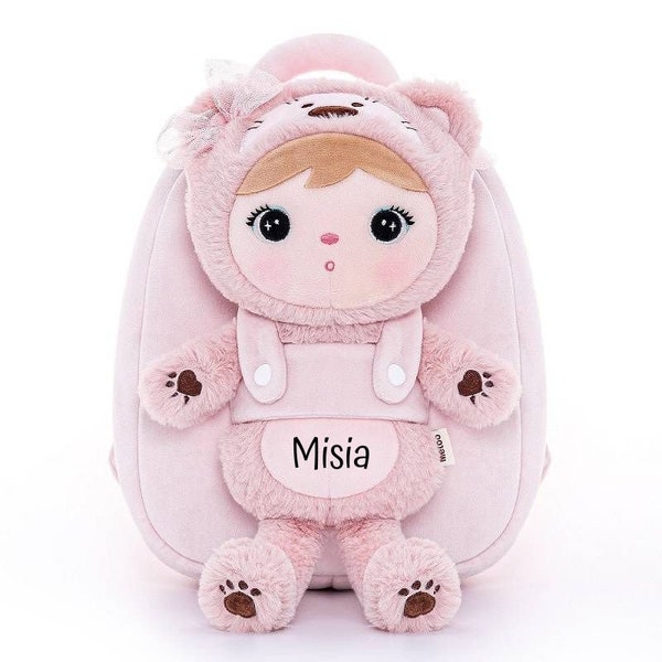 Metoo-Rucksack mit abnehmbarem rosa Bär-Kuscheltier, personalisierter Rucksack für ein Mädchen, rosa Bär