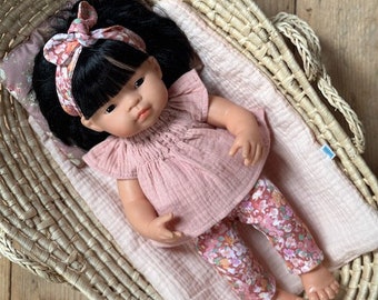 Kleidung für eine 38 cm große Miniland-Puppe – geblümte Leggings, rosa Musselin-Tunika, geblümtes Stirnband