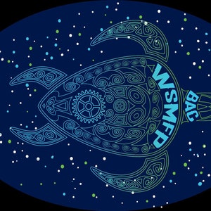 May include: A blue and green stylized turtle with the text "WSMFD BAC" on its shell. The turtle is on a dark blue background with white, blue, and green dots.