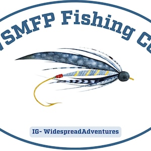 May include: A blue oval logo with the text "WSMFP Fishing Co." in white. A blue and white fly fishing lure with a yellow hook is in the center of the logo. The text "IG - WidespreadAdventures" is at the bottom of the logo.