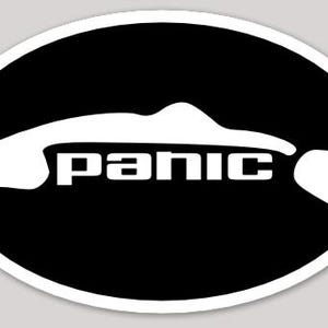 May include: Black and white oval sticker with a white silhouette of a fish and the word "panic" in white letters.