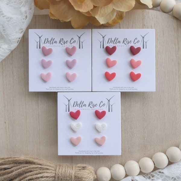 Heart Clay Studs - Pink Palette | Polymer Clay | Valentine's Day Heart Clay Stud Earrings | Gift for Her | Pink Clay Heart | Red Clay Heart