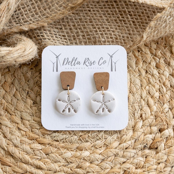 Dainty Sand Dollar with Wooden Top Clay Dangle Earring | Clay Sand Dollar Jewelry | Small Clay Earrings | Ocean Themed