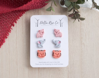 Animal Clay Stud Earring Pack | Polymer Clay Stud Earrings | Animal Clay Earrings | Pig Clay Studs | Elephant Clay Studs | Tiger Clay Studs