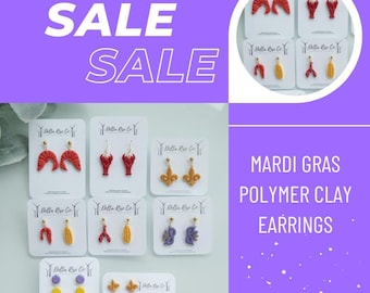 CLEARANCE SALE - Mardi Gras Fat Tuesday Clay Dangle Earrings, Clearance Jewelry Earrings, Statement Earrings, Holiday Clay Earrings