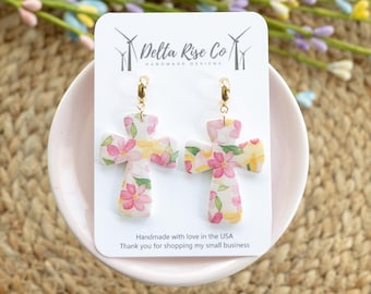 Easter Floral Cross Clay Dangle Earring for Spring Gift Basket, Faith Jewelry