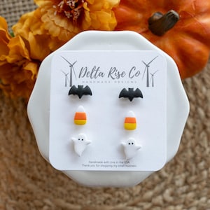 Halloween Clay Stud Pack, Mini Clay Stud Earrings for Spooky Halloween, Fall Earrings, Bat Clay Stud, Candy Corn Clay Stud, Ghost Clay Stud