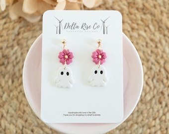 Ghost With Pink Flower Earrings, Halloween Summerween Jewelry, Handmade Polymer Clay Earrings, Spooky Cute Basket Gift