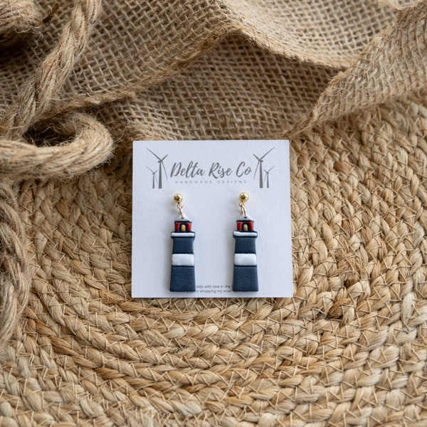 Navy Blue Lighthouse Clay Dangle Earrings | Ocean Inspired Clay Jewelry | Nautical Summer Clay Earring | Seascape Coastal Living