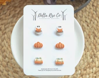 The Cozy Spooky Collection Clay Stud Earrings, Handmade Fall & Halloween Jewelry, Book Readers Lovers Spooky Season, Ghost Reading Bookish