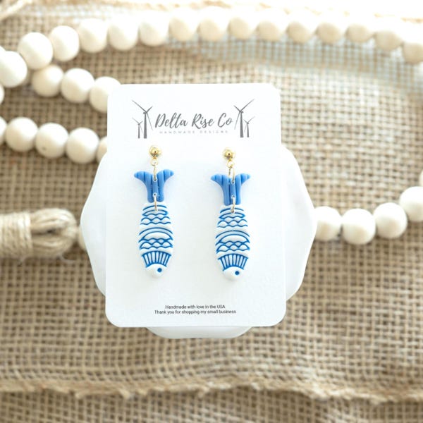 Blue Sardine Clay Dangle Earring, Coastal Maine Summer Jewelry, Fish Jewelry, Trendy Summer Earring, Ocean Lover, Mediterranean Summer