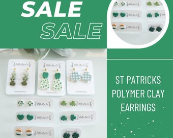 CLEARANCE SALE - St Patrick&#39;s Day Clay Dangle Earrings, Clearance Jewelry Earrings, Statement Earrings, Holiday Clay Earrings