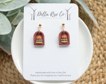 Mini Autumn Bookshelf With Pumpkin, Handmade Clay Fall Earrings for Book Lovers, Teachers, Cozy Seasonal Jewelry, Book Club Gift, Bookish