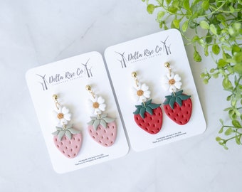 Handcrafted Strawberry with White Flower Topper Clay Dangle Earring Strawberry Berry Harvest Festival Pink Strawberry Red Strawberry Earring