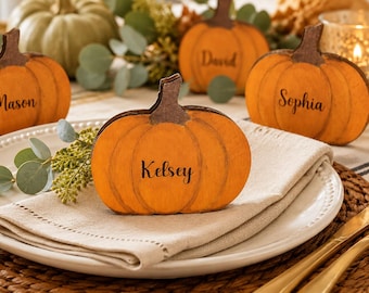 Personalized Pumpkin Place Cards – Engraved Wood Thanksgiving Table Decor – Custom Name Pumpkin Shelf Sitter – Fall Farmhouse Gift