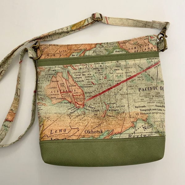 Small canvas and faux leather crossbody handbag, shoulder bag, women's handbag, petite bag, world map crossbody bag, multi-pocket purse