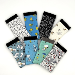 Snoopy, Woodstock or cats and dog print quilted padded fabric eyeglass case, Soft sunglasses holder with flex frame snap opening