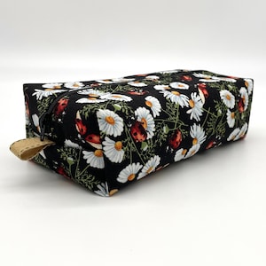 Boxy zipper pouch, makeup and brushes bag, pencil pouch, black with daisies and ladybug print, pretty toiletry, accessory and storage case