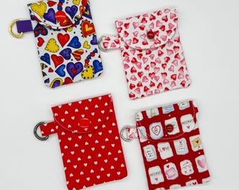 Heart themed mini credit card ID holder, flat pouch with snap, mini key chain pocket wallet, anniversary gift