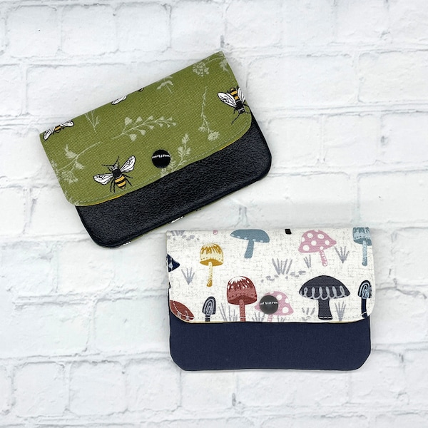 Green with bees or colorful mushroom print small wallet, women's zipper grab and go three pocket credit card, ID holder, minimalist wallet