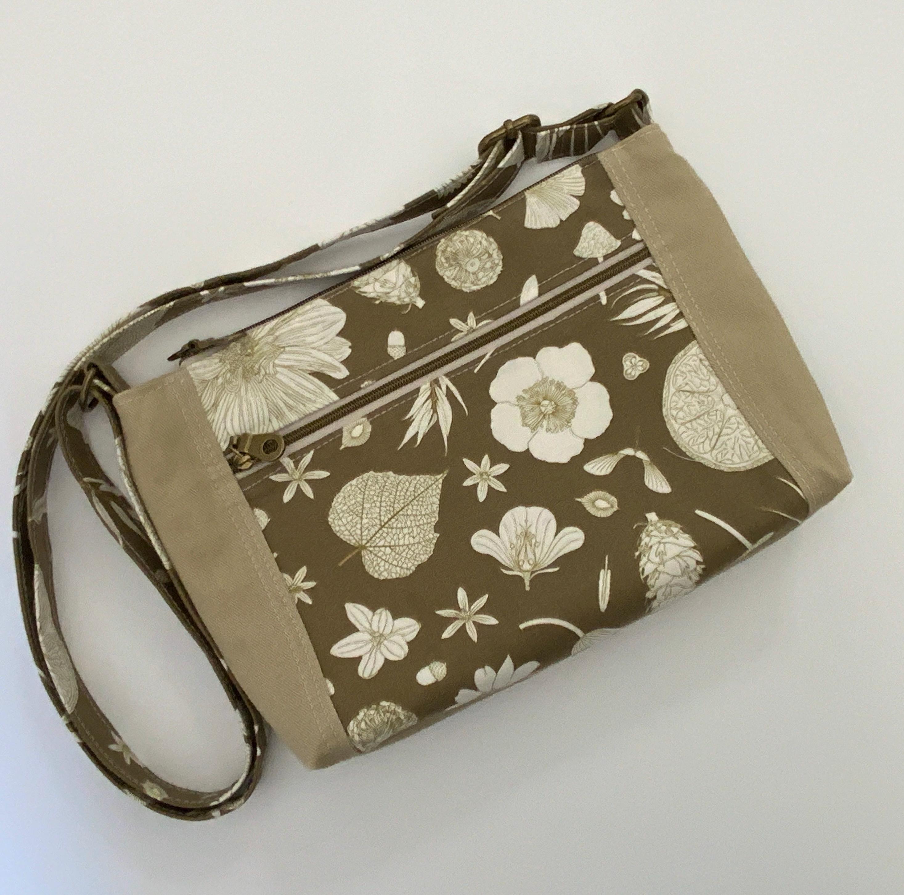 Small cotton canvas fabric bag, crossbody handbag, shoulder bag, women's handbag, petite bag, multi-pocket purse, khaki green floral bag